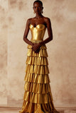 Golden Tiered Sweetheart Long Corset Formal Dress with Ruffles