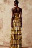 Golden Tiered Sweetheart Long Corset Formal Dress with Ruffles