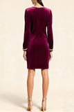 Burgundy Beaded Bodycon Velvet Short Holiday Party Dress with Keyhole