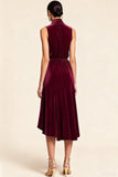 Burgundy High Neck Midi Velvet Holiday Party Dress