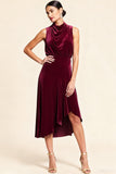 Burgundy High Neck Midi Velvet Holiday Party Dress