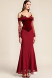 Red Mermaid Cold Shoulder Velvet Long Holiday Party Dress