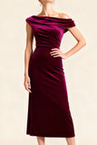Burgundy Asymmetrical Neck Midi Velvet Holiday Party Dress