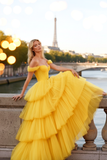 Yellow Corset Tiered A-Line Ruffled Tulle Long Prom Dress