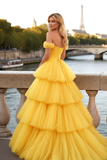 Yellow Corset Tiered A-Line Ruffled Tulle Long Prom Dress