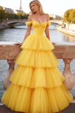 Yellow Corset Tiered A-Line Ruffled Tulle Long Prom Dress