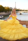 Yellow Corset Tiered A-Line Ruffled Tulle Long Prom Dress