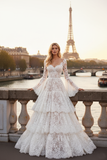 White Lace Tiered Long Corset Bridal Dress with Ruffles