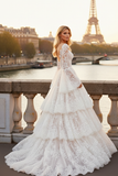 White Lace Tiered Long Corset Bridal Dress with Ruffles