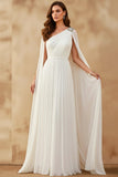 White Long One Shoulder Formal Dress with Cape