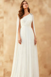 White Long One Shoulder Formal Dress with Cape