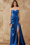Royal Blue Sweetheart Ruched Long Formal Dress with Slit
