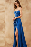 Royal Blue Sweetheart Ruched Long Formal Dress with Slit