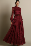 Burgundy Lace High Neck Long Sleeves Evening Dress