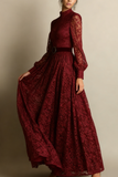 Burgundy Lace High Neck Long Sleeves Evening Dress