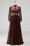 Black High Neck Long Sleeves Lace Evening Dress with Pockets
