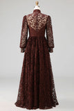 Black High Neck Long Sleeves Lace Evening Dress with Pockets