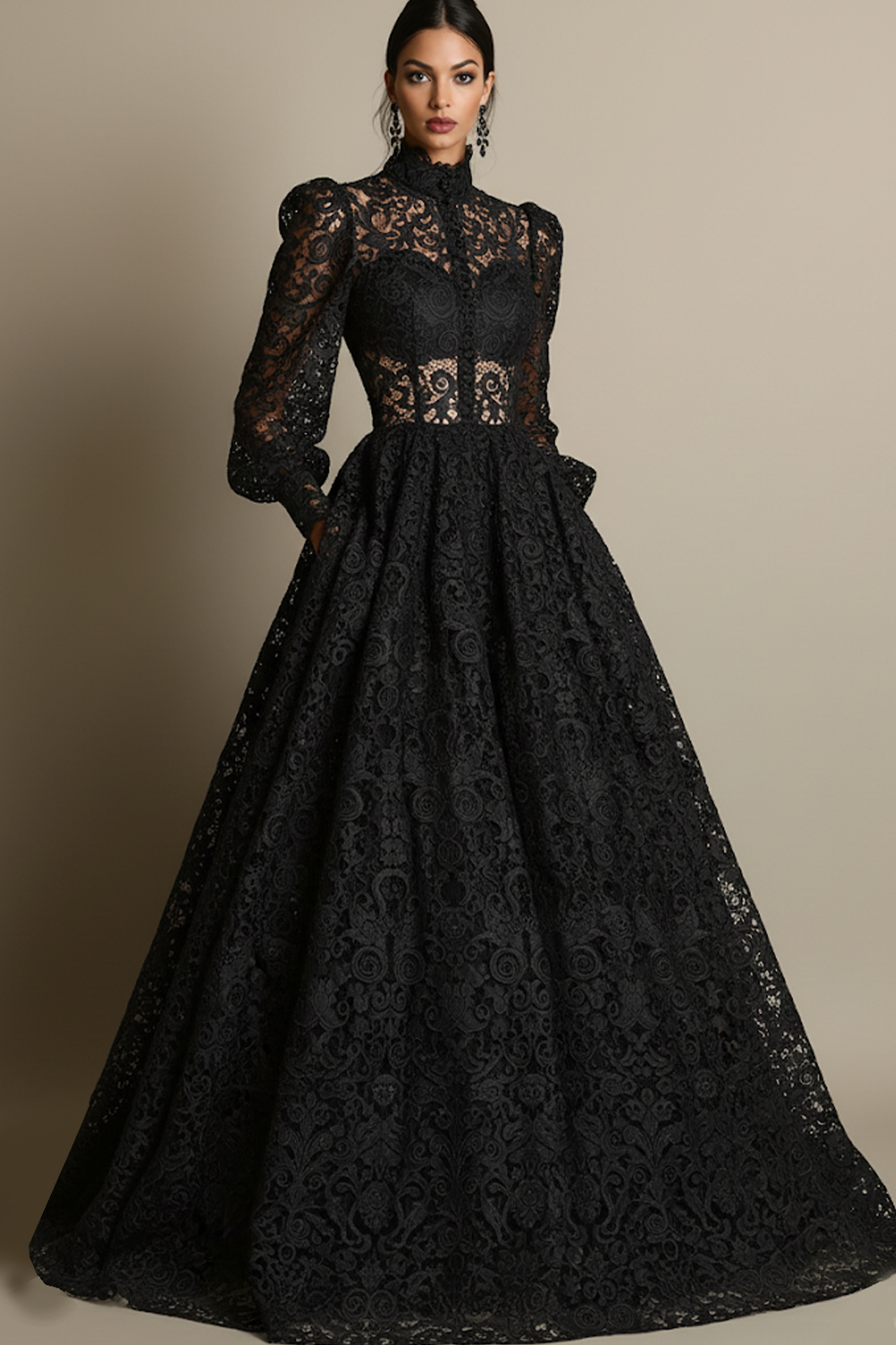 Leely Women Black Long Sleeves Lace Evening Dress with Pockets High