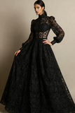 Black High Neck Long Sleeves Lace Evening Dress with Pockets