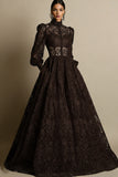Black High Neck Long Sleeves Lace Evening Dress with Pockets