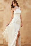 White One Shoulder Lace Long Formal Dress with Slit
