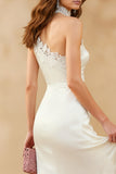 White One Shoulder Lace Long Formal Dress with Slit