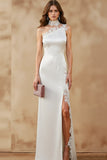 White One Shoulder Lace Long Formal Dress with Slit