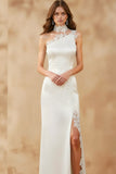 White One Shoulder Lace Long Formal Dress with Slit