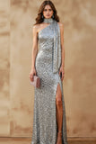 Sparkly Silver Sequin Neck Scarf Long Prom Dress with Slit
