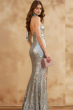 Sparkly Silver Sequin Neck Scarf Long Prom Dress with Slit