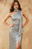 Sparkly Silver Sequin Neck Scarf Long Prom Dress with Slit