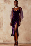 Dark Purple Mermaid Midi Velvet Holiday Party Dress with Slit