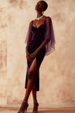 Dark Purple Mermaid Midi Velvet Holiday Party Dress with Slit
