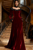 Burgundy Velvet Boat Neck Long Holiday Party Dress with Pockets