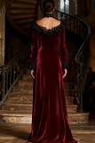 Burgundy Velvet Boat Neck Long Holiday Party Dress with Pockets