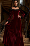 Burgundy Velvet Boat Neck Long Holiday Party Dress with Pockets