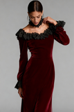 Burgundy Velvet Boat Neck Long Holiday Party Dress with Pockets