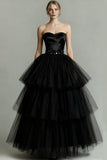 Sparkly Black Beaded Sweetheart Tiered Tulle Long Formal Dress with Ruffles