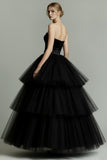 Sparkly Black Beaded Sweetheart Tiered Tulle Long Formal Dress with Ruffles