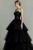 Sparkly Black Beaded Sweetheart Tiered Tulle Long Formal Dress with Ruffles