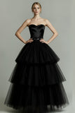 Sparkly Black Beaded Sweetheart Tiered Tulle Long Formal Dress with Ruffles