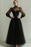 Black Tulle High Neck Long A Line Formal Dress with Sleeves