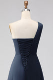 Navy One Shoulder Ruched A Line Long Bridesmaid Dress with Slit