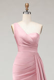 Blush Pink One Shoulder Mermaid Satin Maxi Bridesmaid Dress