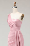 Blush Pink One Shoulder Mermaid Satin Maxi Bridesmaid Dress