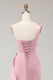 Blush Pink One Shoulder Mermaid Satin Maxi Bridesmaid Dress