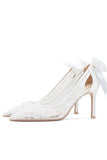 Ivory Pointed Toe Stiletto Pump Lace Up Bridal Heels