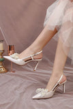 Ivory Satin Pearls Point Toe Wedding Stiletto Heels with Bow