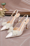 Ivory Satin Pearls Point Toe Wedding Stiletto Heels with Bow