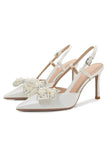 Ivory Satin Pearls Point Toe Wedding Stiletto Heels with Bow